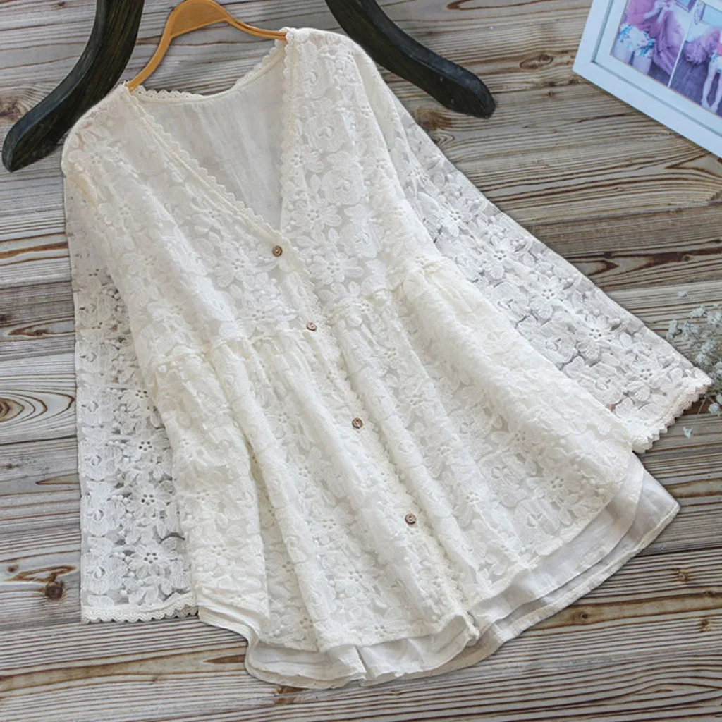 

Plus Size Womens Tops And Blouses Woman Vintage V Neck Button Long Sleeve White Lace Blouse Women Clothes 2019 Tunic Ladies Tops