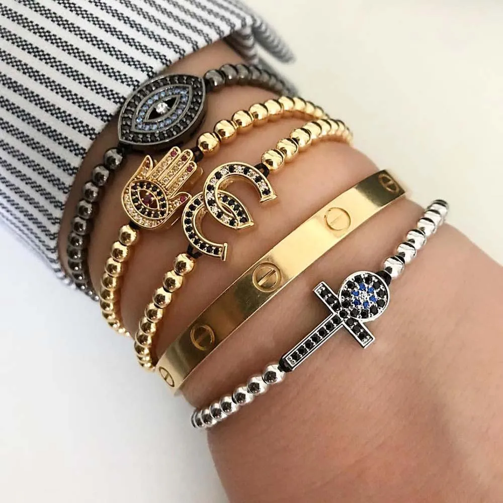 

new micro pave white zircon Double Horse Horseshoe beads braided gold color macrame bracelet for women girl jewelry gift