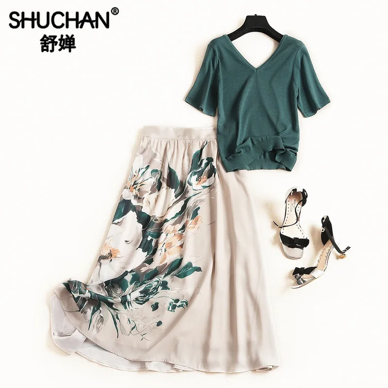 

Shuchan 2piece Set Women Chinese Style V-Neck Pullover Short Sweater+print Flower Skirts Matching Sets for Women 51200