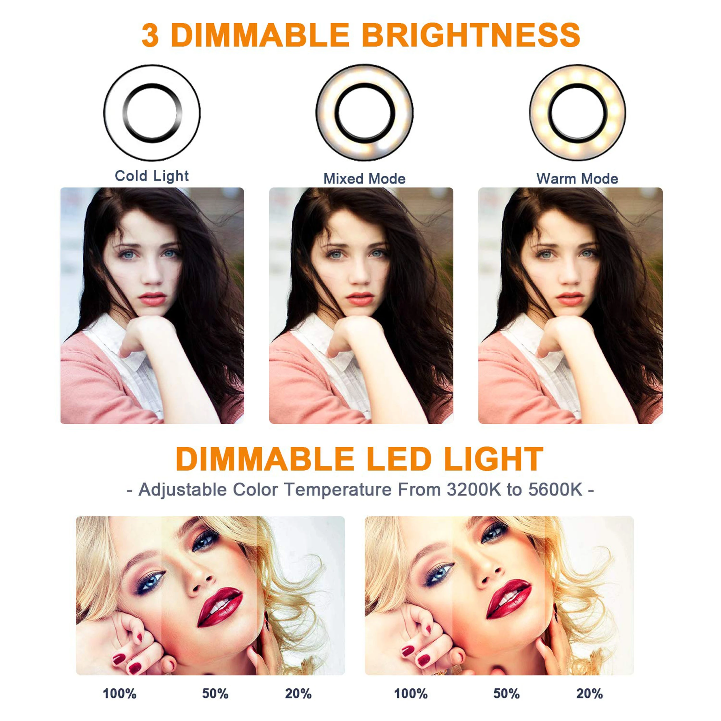 Светодиодный светильник-кольцо 26 см, 3 режима цвета и 10 уровней яркости, видео-светильник для фотосъемки, для Ютуба, для макияжа, селфи, заполняющая лампа со штативом