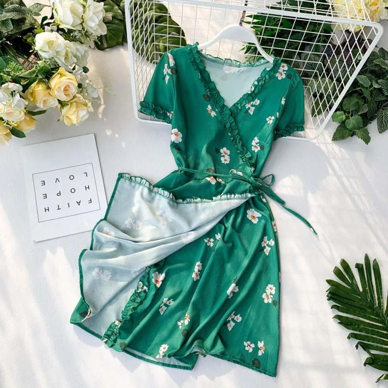 

Girls Vintage Floral Print Ruffles Women Wrap Dress Lace Up One-piece V-neck Short Sleeve Loose Summer Female Wrap Dress