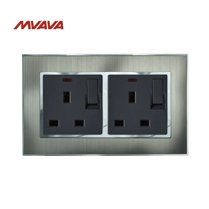 

MVAVA Double 13A Wall Switch Socket Dual AV110V-250V Plug UK Standard 1 Gang Receptacle Silver Satin Metal Free Shipping