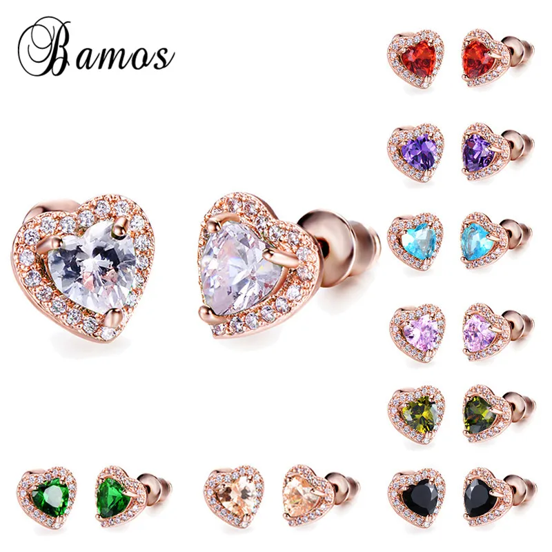 Bamos винтажные розовое золотое покрытие сердце, серьги со шпилькой, для Для женщин элегантные обручальные кольца с кубическим цирконием, серьги Модные украшения лучший подарок
