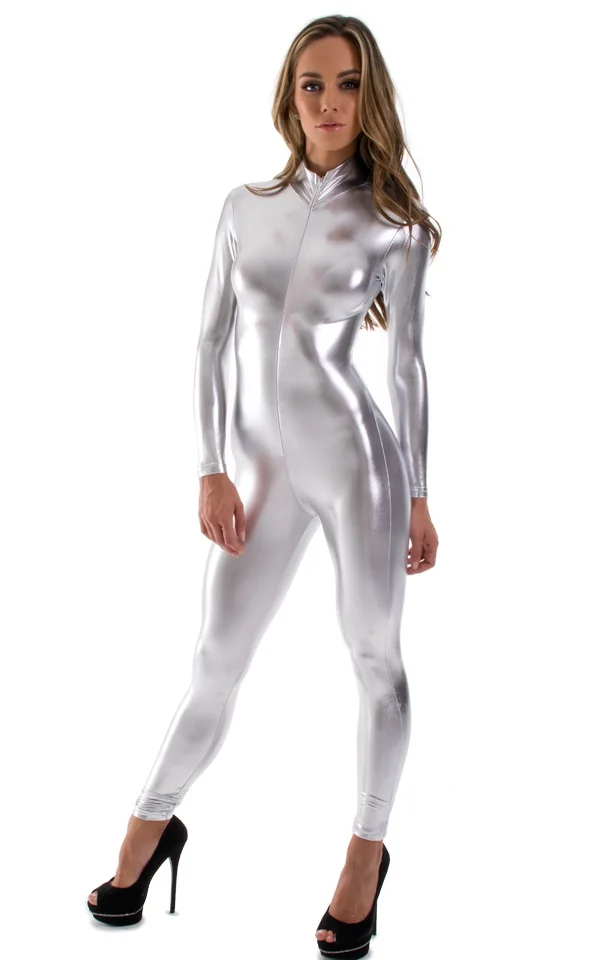 Womens Shiny Metallic Catsuit Bodysuit One Piece Jumpsuit Costume Wet Look Unitard Zip Cat Suits Glossy Cosplay Zentai Suits