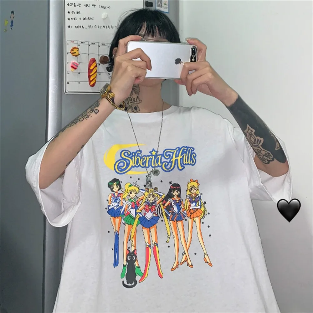 

2019 Summer Women Harajuku Cartoon Sailor Moon Printing Short Sleeve O-Neck Loose T-Shirt Sweet Casual Tshirts Tees Tops Femme