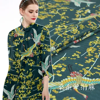 

Silk linen fabric 130cm wide 35mm crane printing silk ramie original sense silk linen blend fabric silk cloth material retro