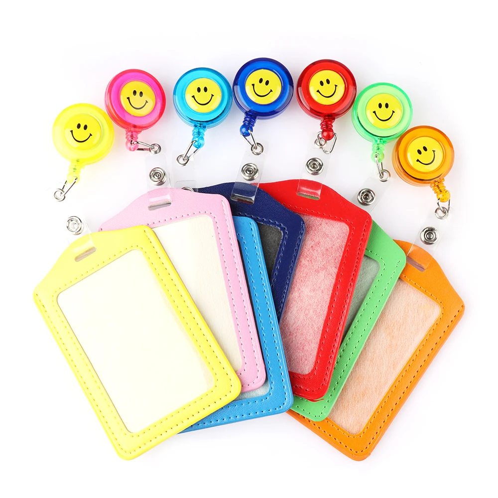 

Colorful ID Badge Holder with Smile Face Retractable Buckle Name Tag Card Key Badge Holder Key Ring Belt Clips Card Cover Set