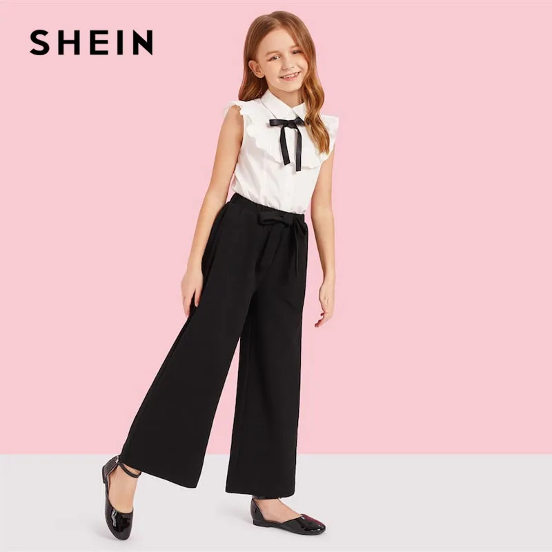 SHEIN Блузка С Оборкой И Брюки С Поясом Комплект Для Девочек Контрастный Нарядный Комплект Для Девочек