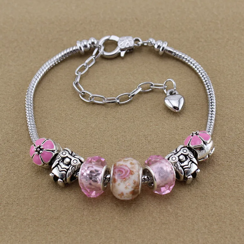 

ChangBizi Six Kinds of Color Beads Flower Crystal/Glass Beadas fashion lovely Charm Pandora Bracelets Bangles Woman Gift BT0023