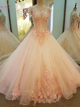 

Princess Pink Prom Dresses 2020 Hot Sale Flowers Lace Appliques Beaded Ball Gown Cap Sleeves O Neck Sweep Train Lace Up Evening