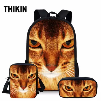 

THIKIN 3PCS/SET Women School Backpack for Teenage Boys Girls Cute Black Cat Print Student Kids Schoolbag Children Mini Messenger