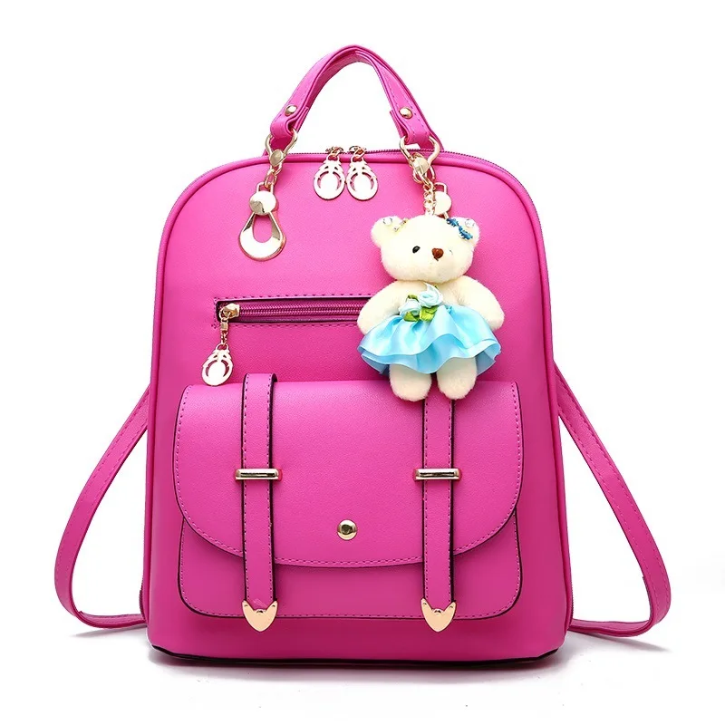 DIOMO, женский рюкзак, элегантный, модный, Повседневный, милый, для девочки, школьная сумка, высокое качество, из искусственной кожи, подвеска в виде медведя, много цветов на выбор - Цвет: Ярко-розовый