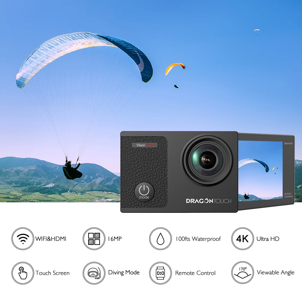Экшн камера Dragon Touch 4K 16 МП 3 Pro Wi Fi 100 футов водонепроницаемая с сенсорным экраном