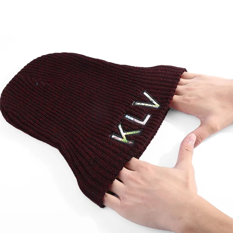 

KLV New Beanies Warm Unisex Casual Embroidered Stripe Cap Plain Beanie Woolen Knitted Knitting Hat Non-Rolled Cuff Drop Shipping
