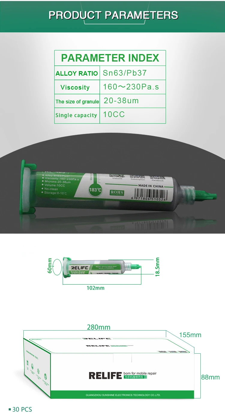 RELIFE RL-403 BGA Solder Paste Flux Syringe 10CC 183 degrees Sn63 20-38um no-clean Soldering Paste stainless steel mig wire