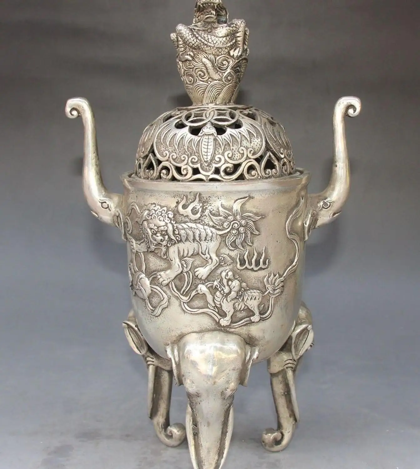 

free shipping 13" China Silver Lion Fu Foo Dog Dragon Elephant Incense Burner Censer Incensory