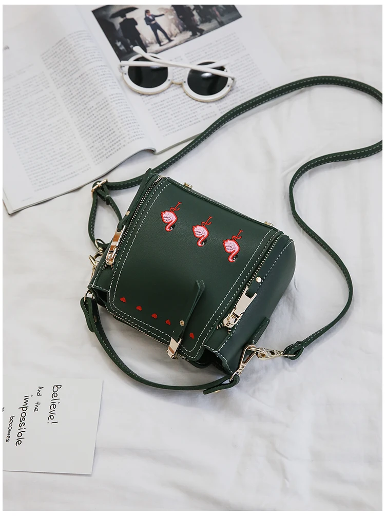 Embroidery flamingos and hearts women bag chain decoration leather handbags small women messenger bags women crossbody bags