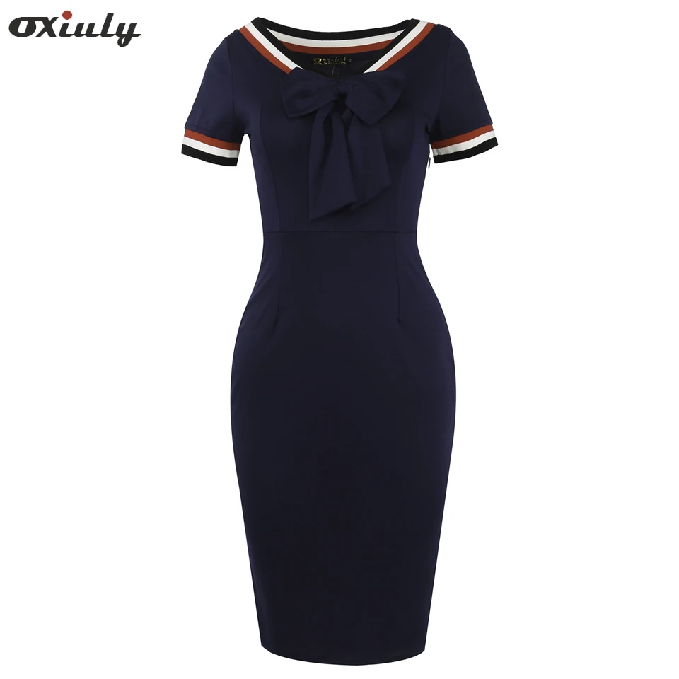 

Oxiuly Navy Blue Polka Dot Knee Length Sexy Sheath Fitted Dress Casual Party Night Club Dress Print Pencil Office Work Dot Dress