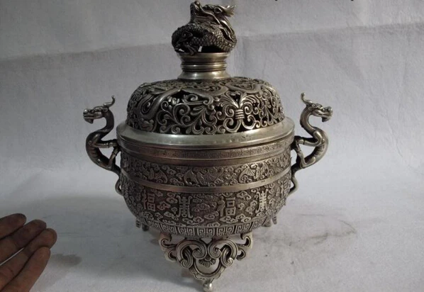 

Elegant old S1261 Tibetan Buddhism bronze silver lucky foo dog Dragon 3 Leg censer incense burner statue (A0322) A0403
