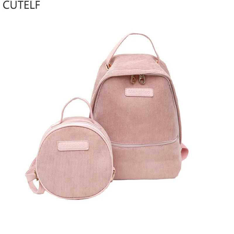 

2 Pcs/set Corduroy Mini Pink Black Satchel Backpack For Women Shoulder Bags Bagpack Stripe Round mini Purses Mochila Feminina