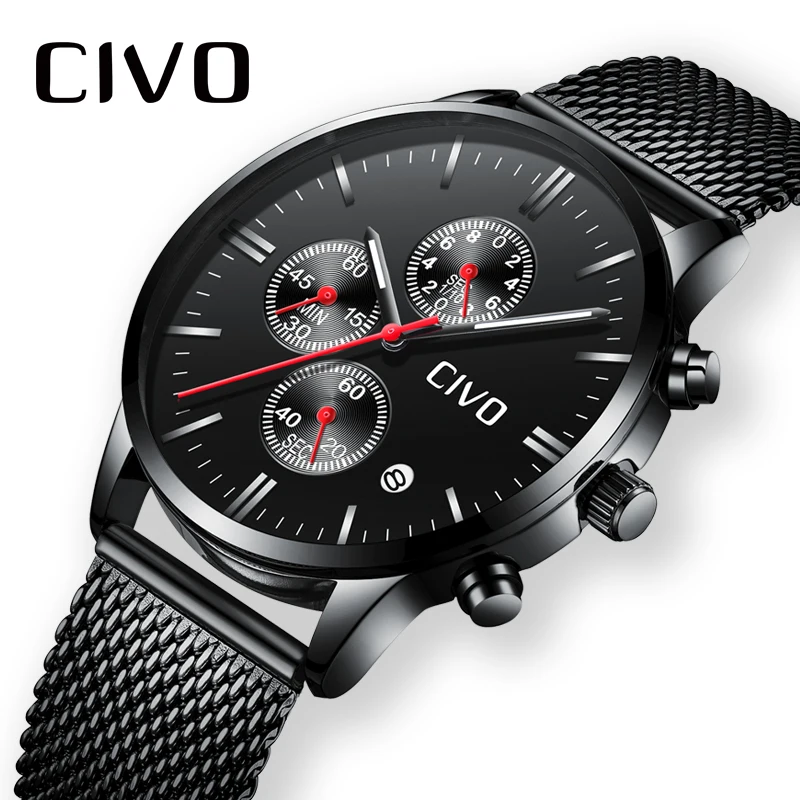 Koop CIVO Mannen Horloge Waterdicht Chronogra Analoog Quartz Horloge Business Casual Mannen Horloge Zwart Roestvrij Staal Mesh Horloge Klok