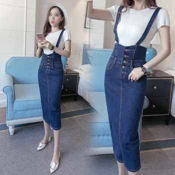

Fashion Long Denim Skirt Women Straps Button High Waist Skirts Female Pencil Skirt Elegant Slim Denim Skirts Ladies Plus Size