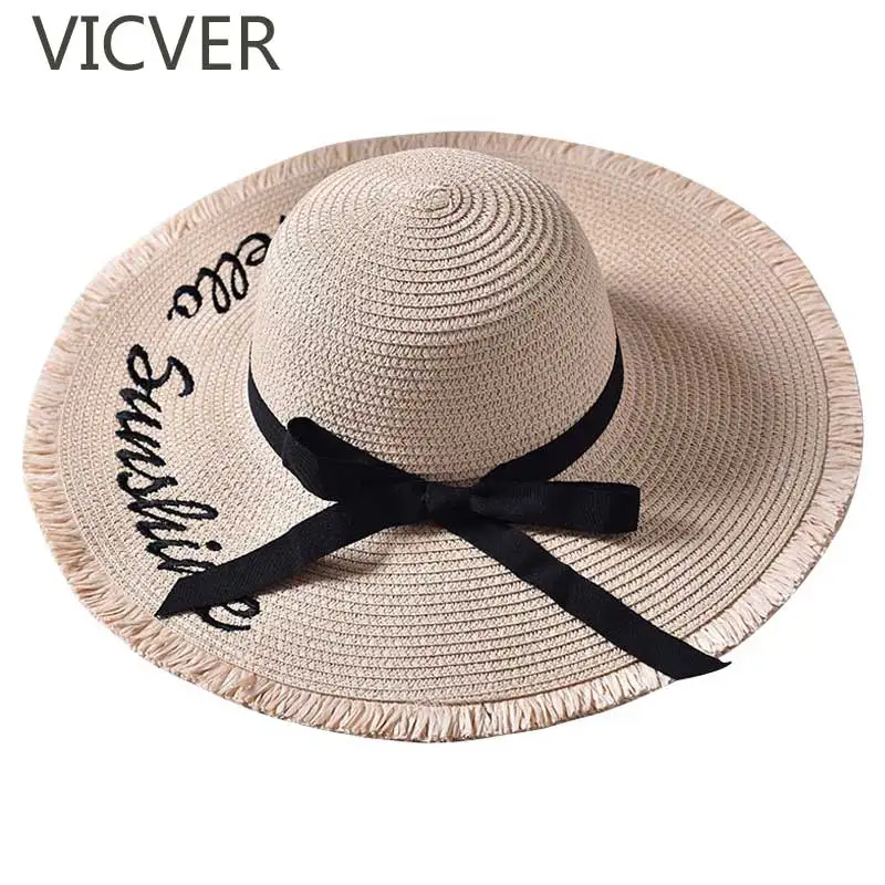 رسالة التطريز قبعات للحماية من الشمس للنساء اليدوية قبعة من القش بحافة عريضة مع شريط أسود شاطئ كاب الأزياء الصيف مرن Flodable كاب