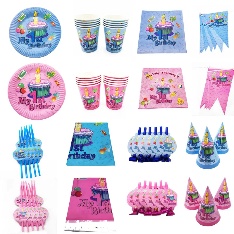 

girl's first birthday theme disposable plates cups napkins boy's first party decorations candy boxes invitations banners