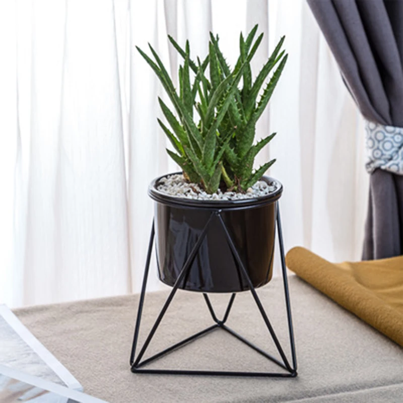 

Simple Style European Ceramic Flower Pot Succulent Planter Garden Bonsai Pots Flowerpot Set with Geometric Iron Rack Holder