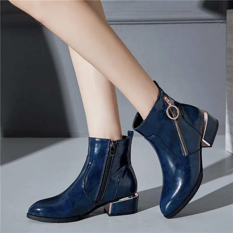 

YMECHIC Fashion Pu Patent Leather Ankle Booties 2023 Woman Blue Black Wine Red Zipper Medium Chunky Heels Ladies Shoes Plus Size