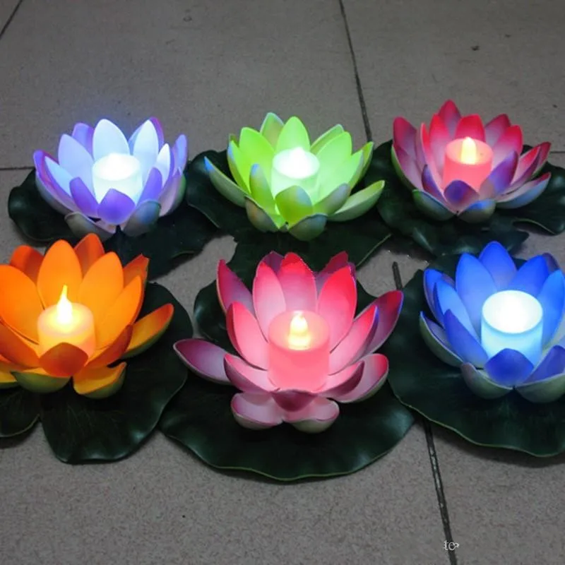 

Free Shipping Artificial LED Floating Lotus Flower Candle Lamp With Colorful Changed Lights For Wedding Party Decorations