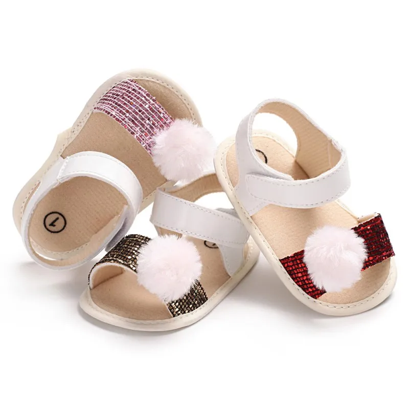 Младенческая обувь для девочек блестки PU сандалии для маленьких девочек мех мяч сандалии для девочек Детская кроватка для младенца обувь