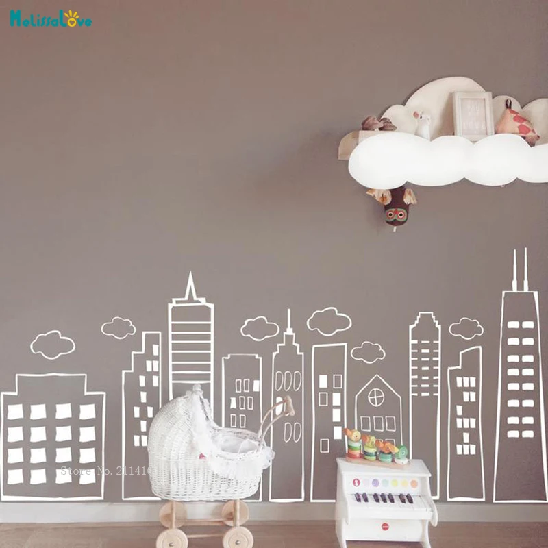 Small Whimsical Doodled City Skyline Wall Sticker Art Vinyl Decor For
