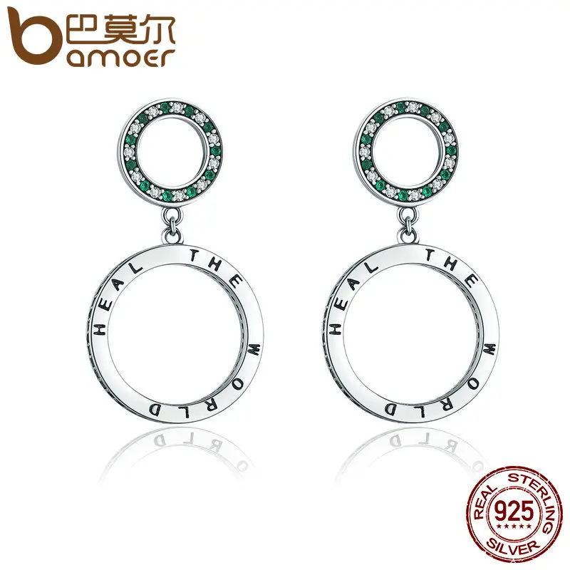 

BAMOER Authentic 925 Sterling Silver Heal the World Letter Round Drop Earrings for Women Sterling Silver Jewelry Brincos SCE203