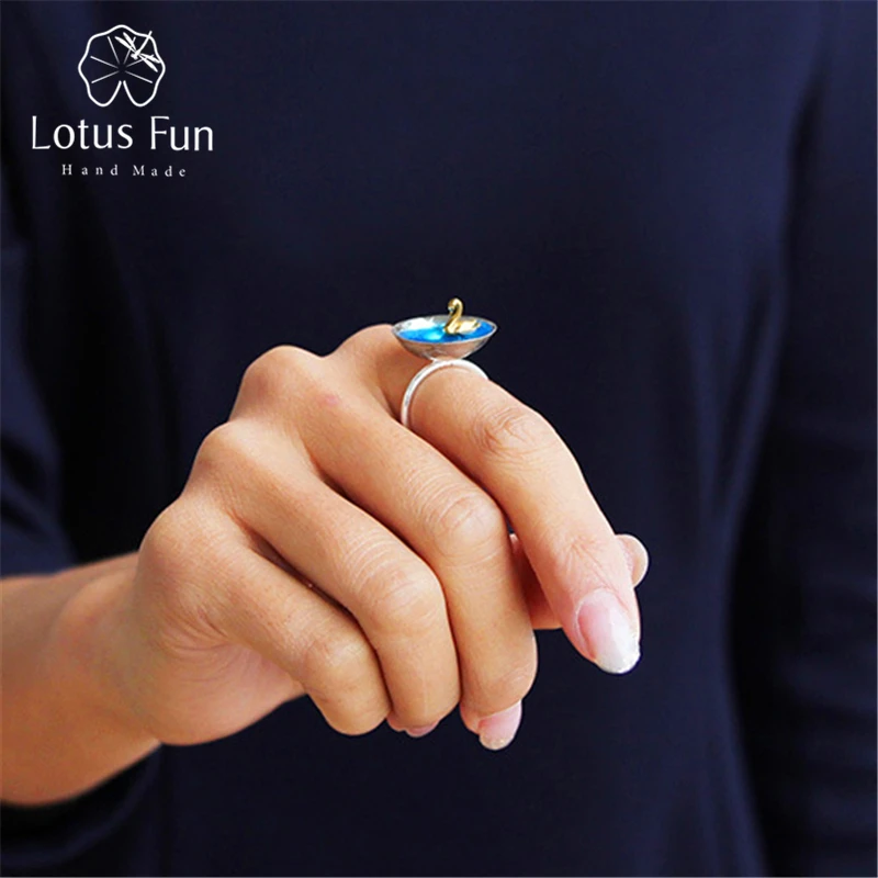 

Lotus Fun Real 925 Sterling Silver Natural Creative Handmade Designer Fine Jewelry Poetic Swan In The Sea Rings for Women Bijoux