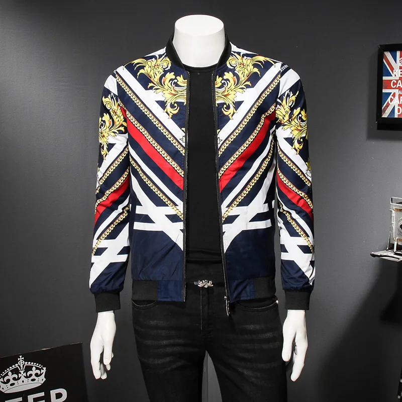 Gold Baroque Stripe Flower Mens Bomber Jackets Party Club