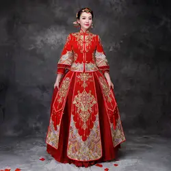 Красный китайский свадебное платье Cheongsam традиционный стиль женитьба вечернее платье вышивка длинное Ципао Женская одежда Размер S-XXXL
