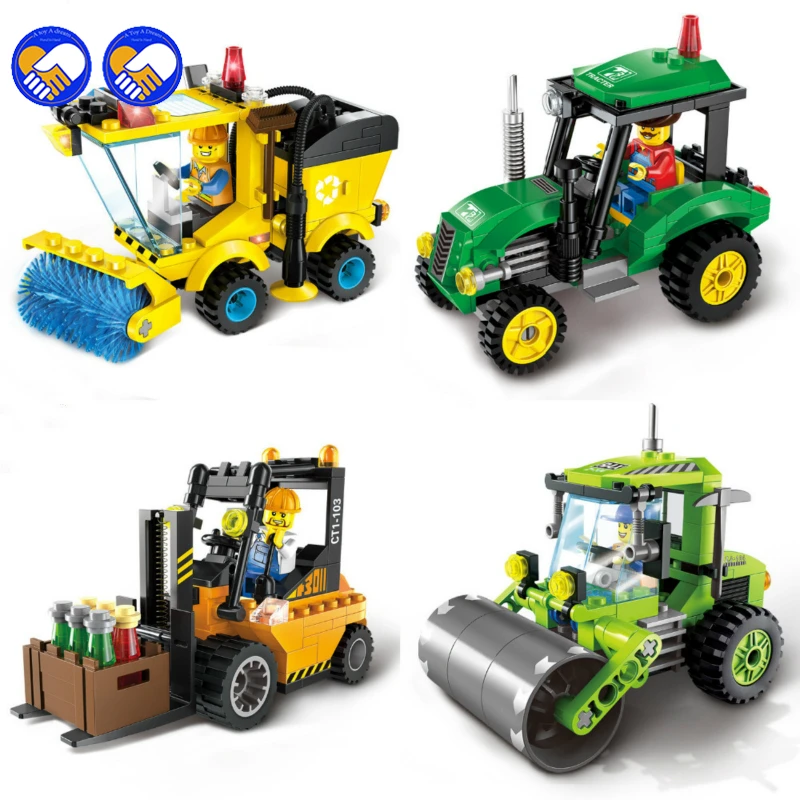 

A toy A dream City Series Forklift Truck Tractor Sweeper Truck Construction Road Roller Building Block Kids Toy Legoingly City