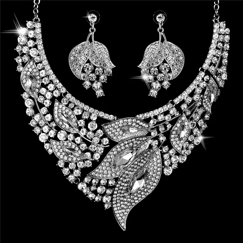 

KLEEDER Crystal Flower Leaves Jewelry Set Luxury Statement Necklace Earrings for Bridal Wedding Fashion Jewelry with Gift Box