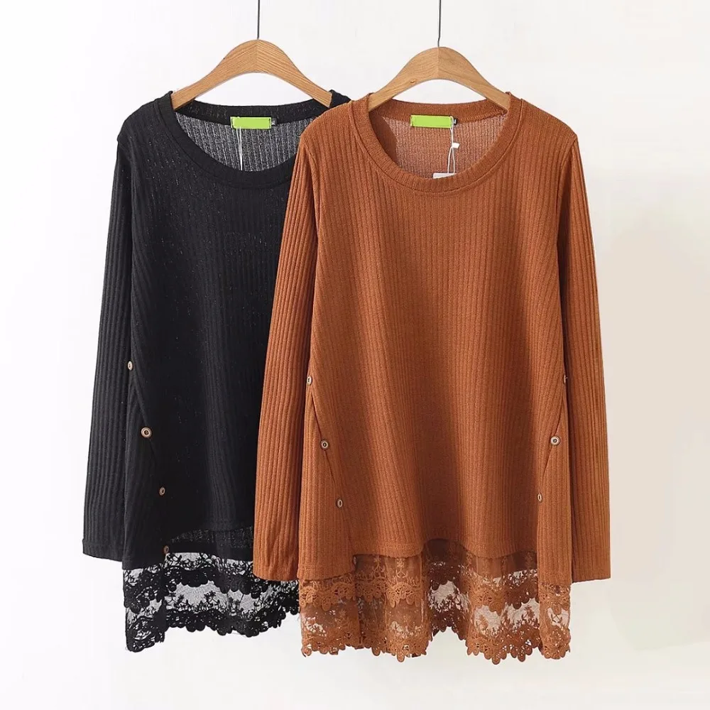 Goede Plus size 5XL Kant gebreide katoen vrouwen losse blouse 2018 lente casual lady O hals elastische lange mouwen oversized vrouwelijke