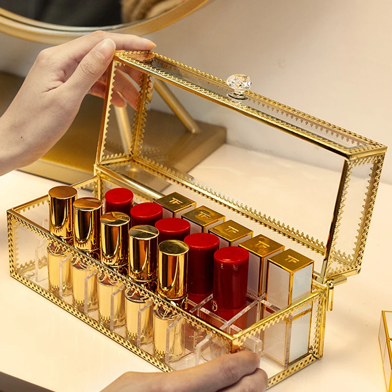 Chic Acrylic Glass Makeup Organizer Storage Lipstick Makeup Nail Polish Case Holder Display Rack Golden 24 grids lipstick holder