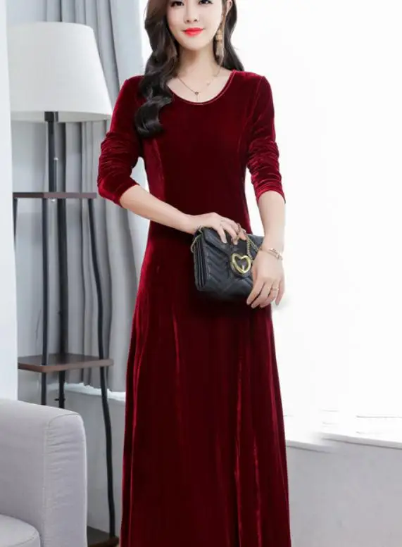 

2019 woman dress in Summer with New style fashion Long sleeve round collar Golden silk Velvet dress