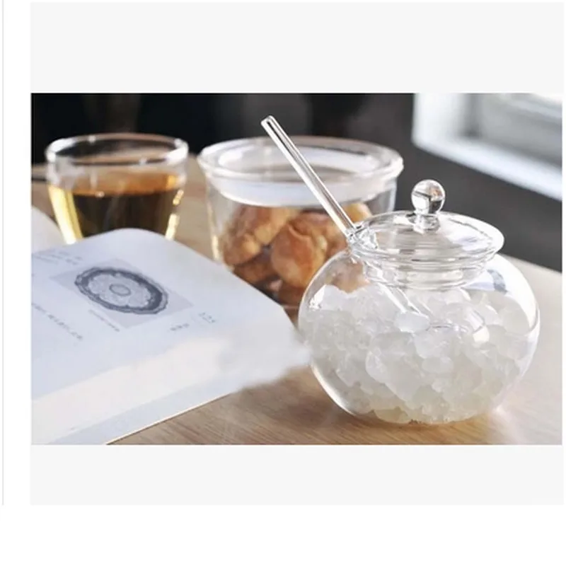 

2017 fashion clear Glass Sugar Bowl Set with Lid and Spoon Storage Container with Cover Salt Seasoning Oil Sugar Creamer Pots