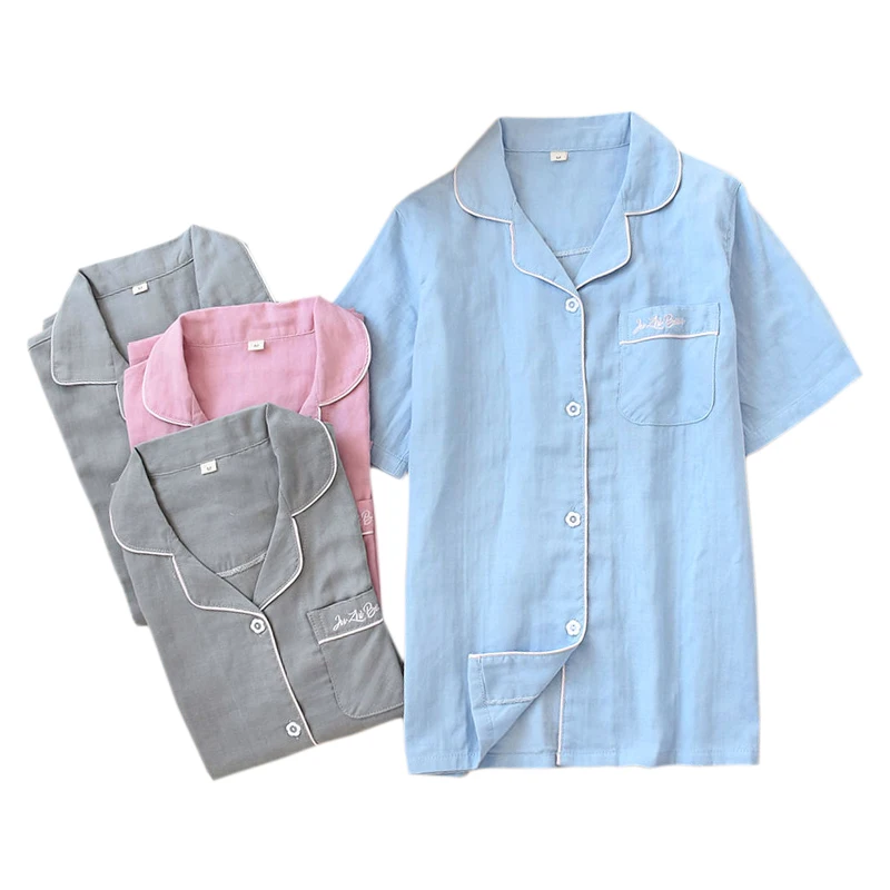 

Pure color family matching clothes short sleeve trousers pyjamas women Summer 100% gauze cotton sleepwear men Korea pajamas sets