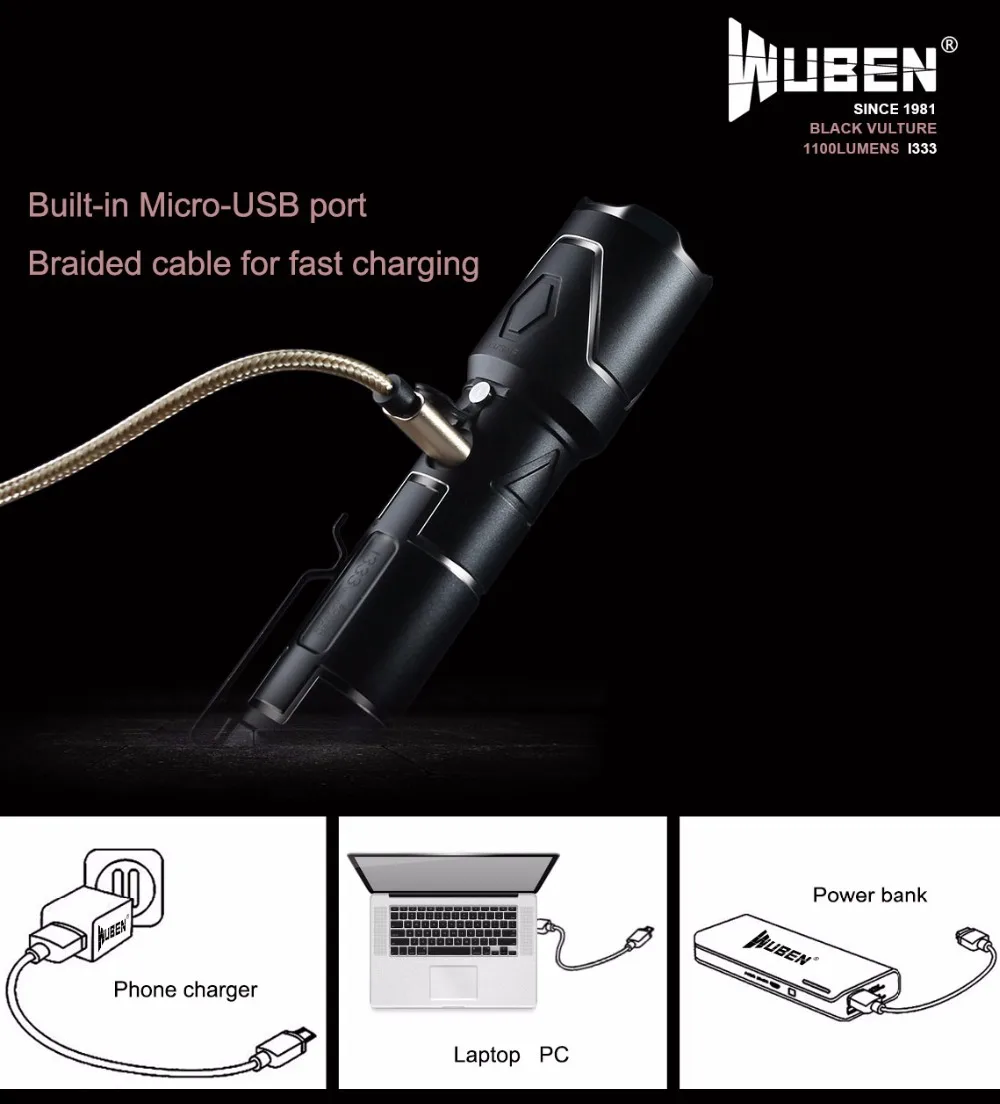 WUBEN Black Vulture I333 Utilizes CREE XPL LED 1100 lumens tactical flashlight