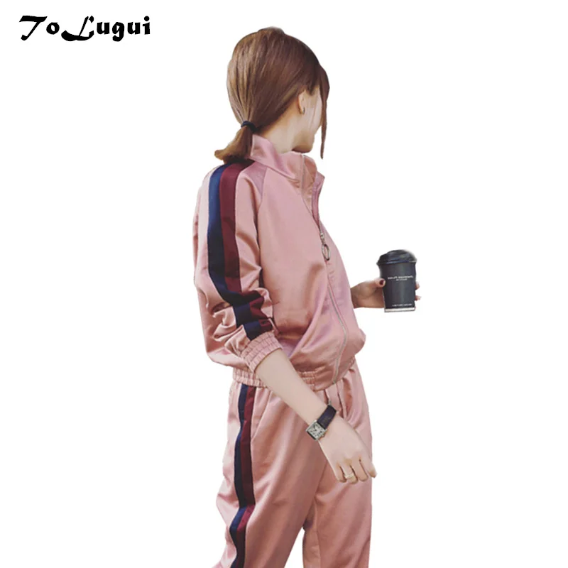 

Women Set 2019 Spring Casual Pink Outfit Two Piece Set Baseball Sweatshirt+Pants Sportwear Zipper Stripe Tracksuit For Women