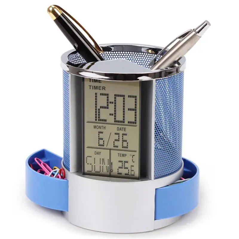 

Mesh Pen Pencil Holder With Digital Lcd Office Desk Clock With Time Temp Calendar Function