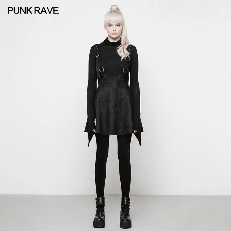 PUNK RAVE Metal Women's Half Skirt Black original design skirt for lady with strap X-style Futuristic Sweet Braces Girl's Dress women belt hollow rivet punk pu leather waist strap belt jeans student silver pin buckle belts with chain lady fashion waistband