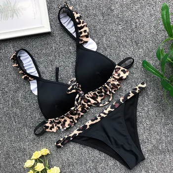 

Sexy Ruffled Swimwear Bikini 2019 Adjustable Bandage Designed Solid Swimsuit Women Two Pieces Leopard Beachwear Swimming Suit