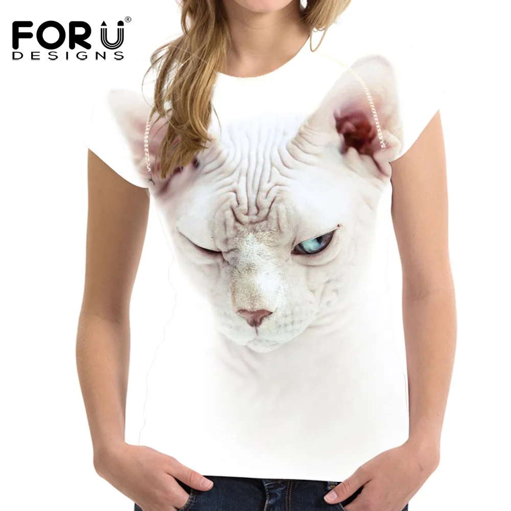 

FORUDESIGNS T shirt Women Kawaii White Canadian Hairless Cat Print T-shirt Summer 2018 Tshirt Clothes Woman Sphinx Slim Fitness